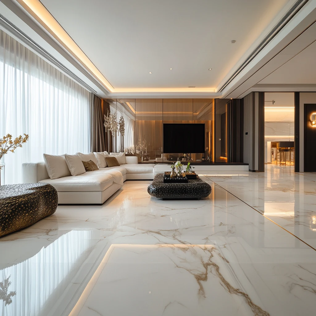A contemporary living room shaped through light and material